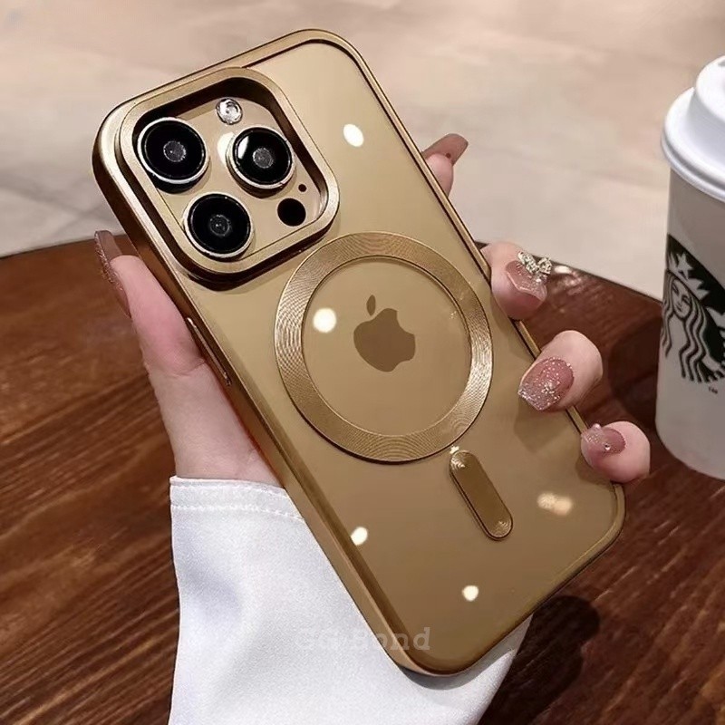 Capa Protetora Magnética Luxuosa De Titânio Dourado Para iPhone 16 15 14 13 12 11 Pro Max  Carregamento Sem Fio Magsafe