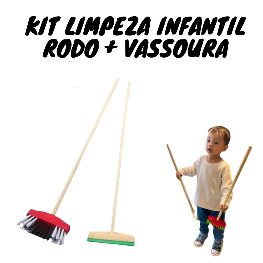 Kit Limpeza Infantil Brinquedos Vassoura e Rodo Mini Vassourinha e Rodinho pra Faxina