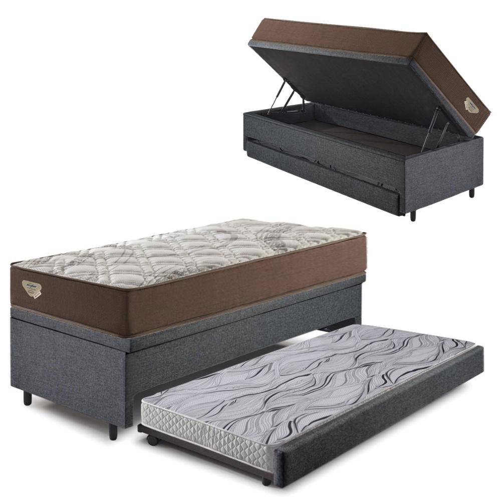 Bicama Box Baú com Linho Cinza 88x188 com Colchão Relax Adorabile Molas Ensacadas Ecoflex