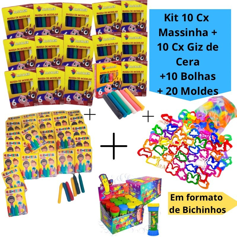 Kit 10 Cx Massinha de Modelar + 10 Bolhas de Sabão + 20 Molde Cortador Forminha + 10 Cx Giz de Cera Kit Festa Lembrancin