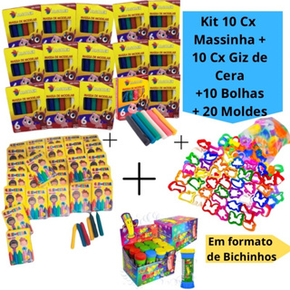 Kit 10 Cx Massinha de Modelar + 10 Bolhas de Sabão + 20 Molde Cortador Forminha + 10 Cx Giz de Cera Kit Festa Lembrancin em Oferta na Shopee
