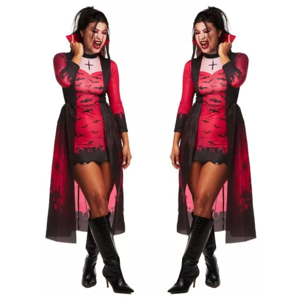 Fantasia Vampira Halloween Feminina Vestido Sexy Com Dentadura