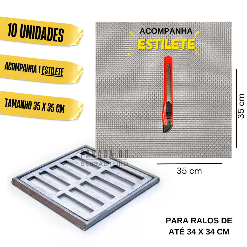 Tela Para Ralo de Banheiro 35x35 cm C/ 10 Peças Tela Protetora contra Barata Escorpião Insetos