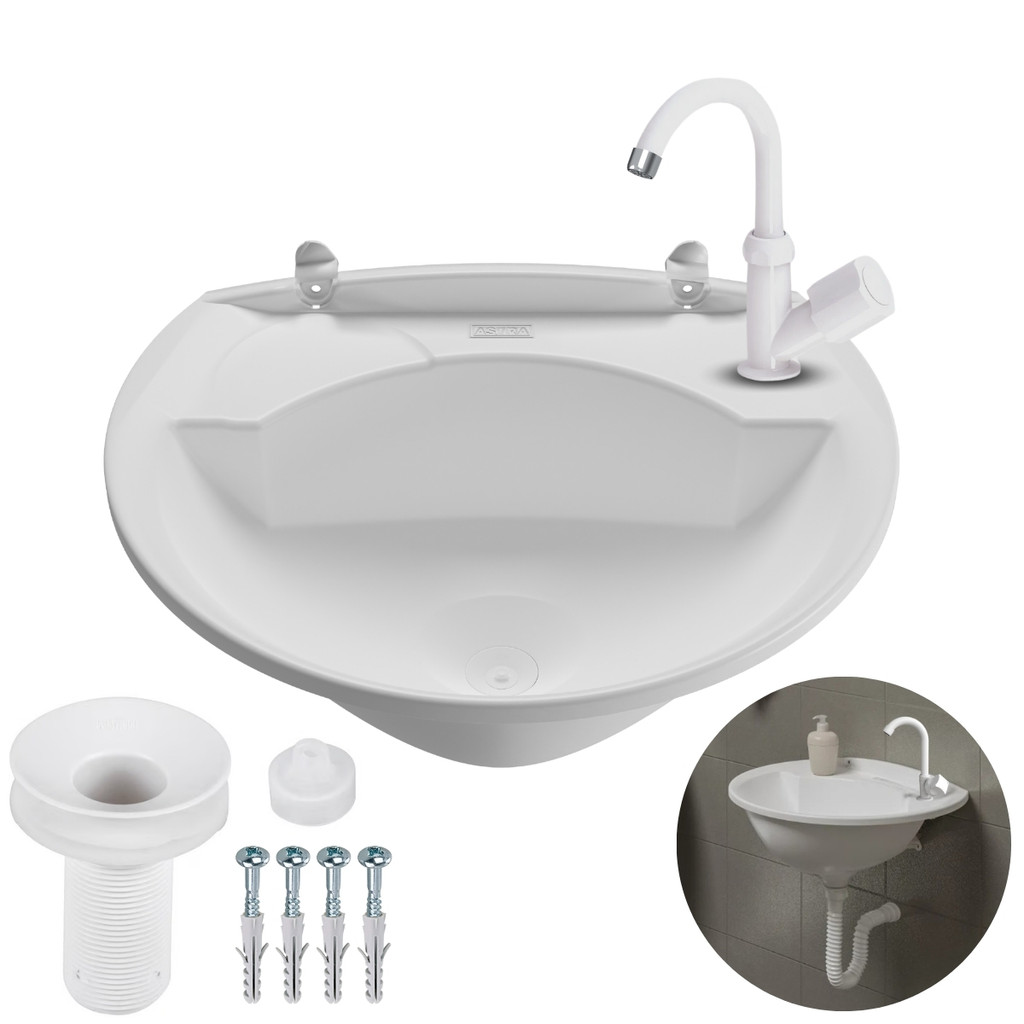 Kit Pia Lavatório Banheiro 4L Branca com Torneira Bica Móvel Branca Cuba de Sobrepor Lavatório Plástico Casa