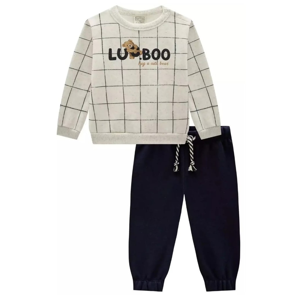 Conjunto Bebê Menino Blusão Moletom com Pelúcia e Calça Jogger Moletom com Pelúcia Bege/Marinho- LucBoo