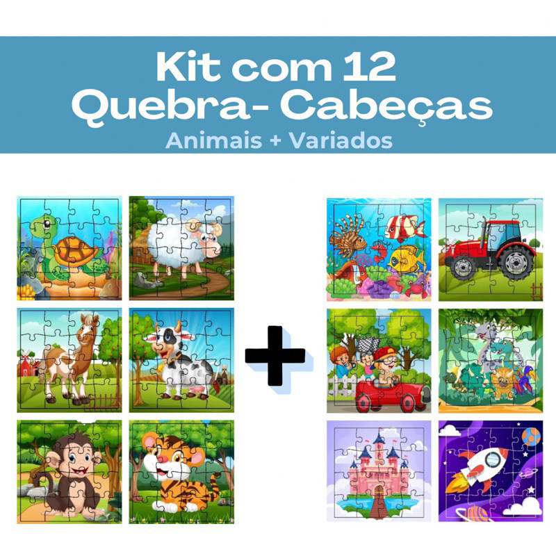 Kit 12 Quebra-Cabeças Infantil em Madeira MDF