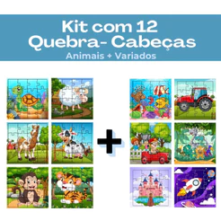 Kit 12 Jogos Quebra Cabeça Infantil em Madeira Mdf 16 peças cada (12 unidades) para criança