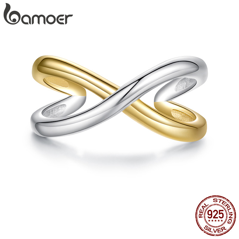 BAMOER Design Original 925 Prata Esterlina Anel Aberto Tamanho Ajustável Dois Tons Cruz Moda Jóias Presentes Para Mulher
