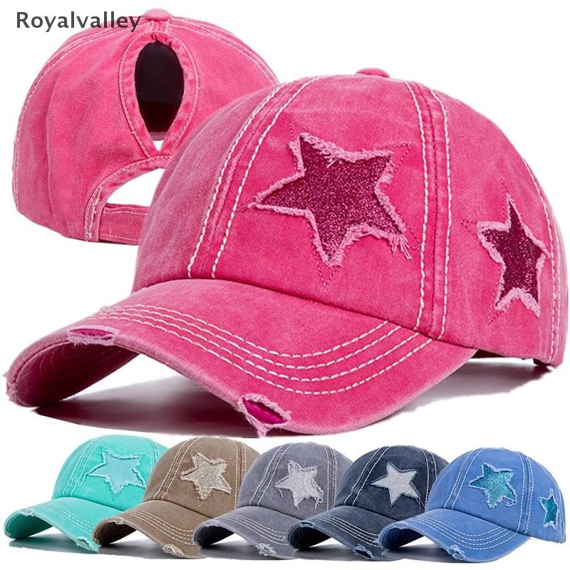 [Royalvalley] Retro Estrela Lavado Denim Buraco Chapéus De Beisebol Outono Verão Chapéu De Pesca Homens Mulheres Bonés B