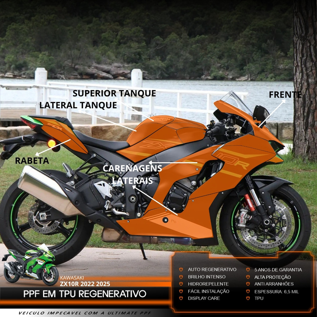 Película PPF Proteção Kit Full Moto Kawasaki ZX-10R 2020 2021 2022 2023 2024 2025 Transparente TPU Anti Risco