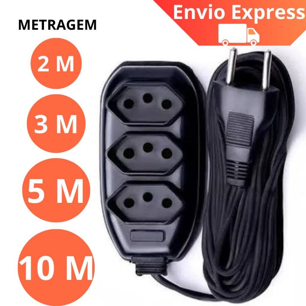 EXTENSÃO 2, 3, 5 ou 10 METROS - BIVOLT 110/220V 10A TRIPOLAR RESISTENTE COR PRETA em Oferta na Shopee