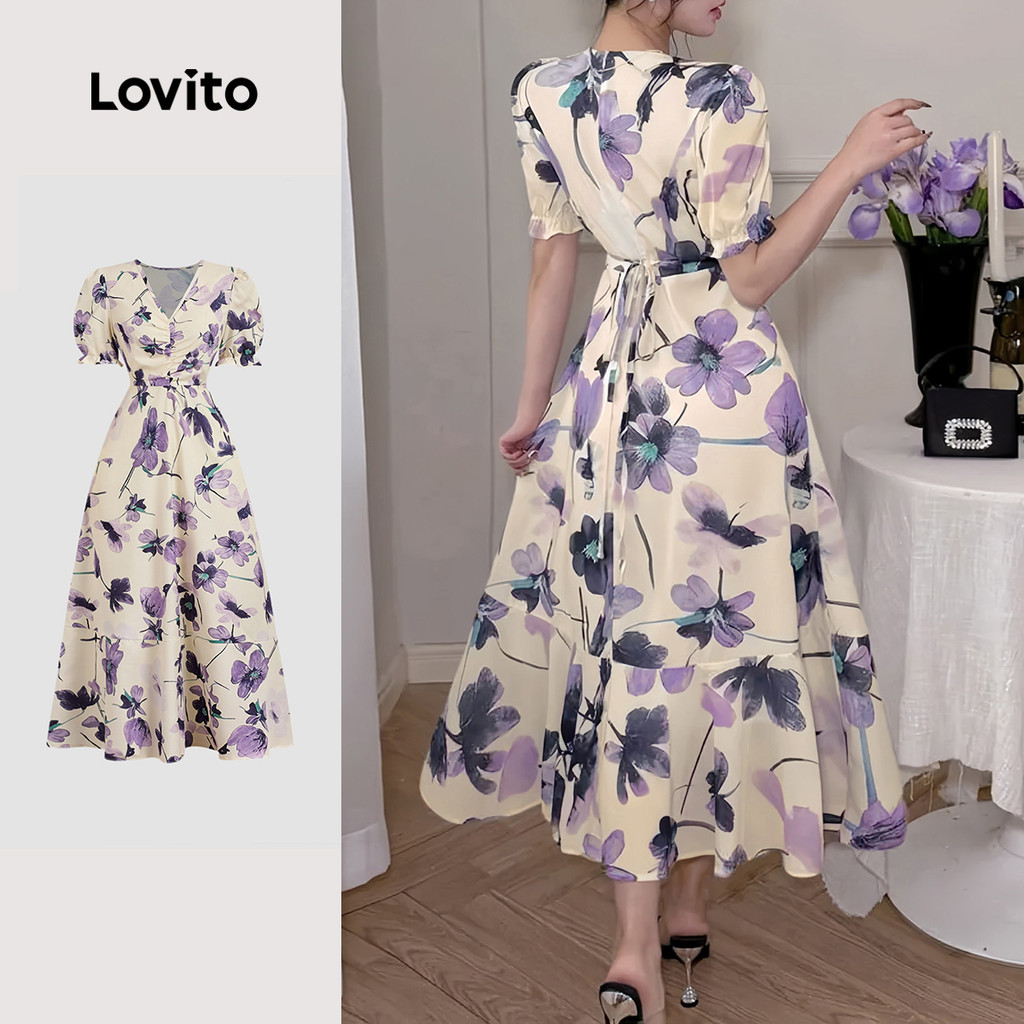 Lovito Vestido Elegante com Padrão de Renda Amarre e Solte Fresco e Confortável para primavera/verão L138AD926 em Oferta na Shopee