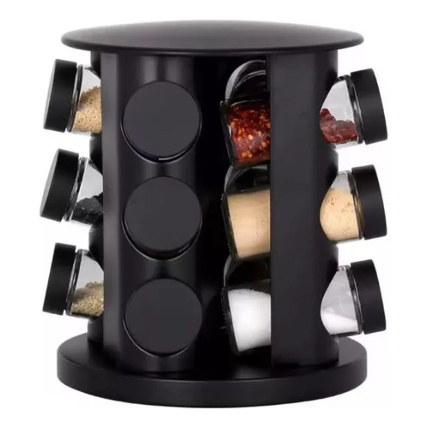 Porta Tempero Inox Giratório Vidro 12 Potes 360 Preto - Home & Living