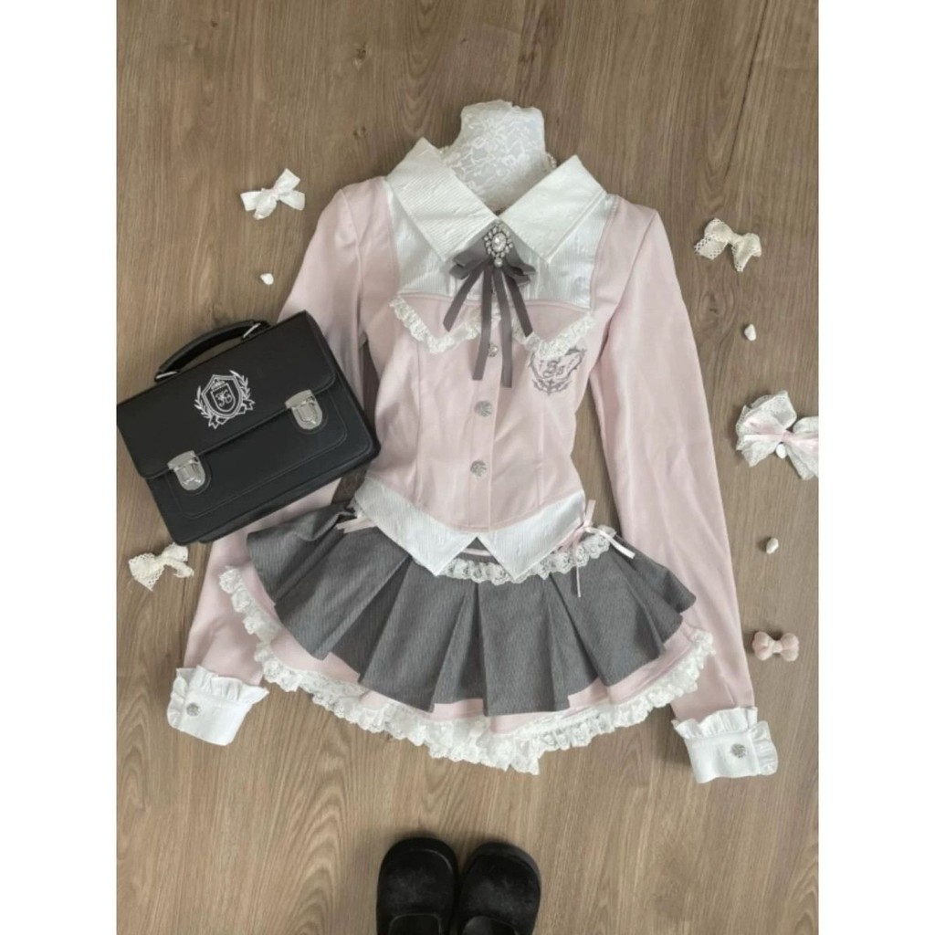 X-ORANGE [Terno de duas peças] Rosa Preppy jk Camisa de duas peças + saia plissada cinza de cintura alta verão novo esti