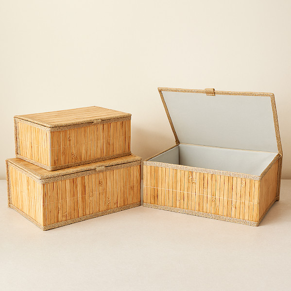 Jogo De 3 Cestos Decorativos Organizadores Em Bambu Com Tampa Design Natural Minimalista em Oferta na Shopee
