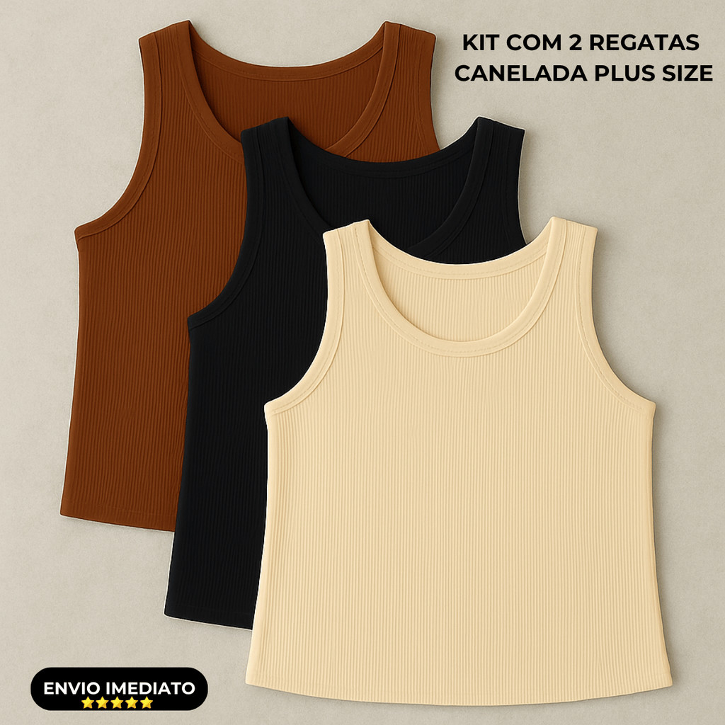 Kit 2 Blusa Feminina Plus Size Regata Ribana Estilosa Canelada Elegante Confortável