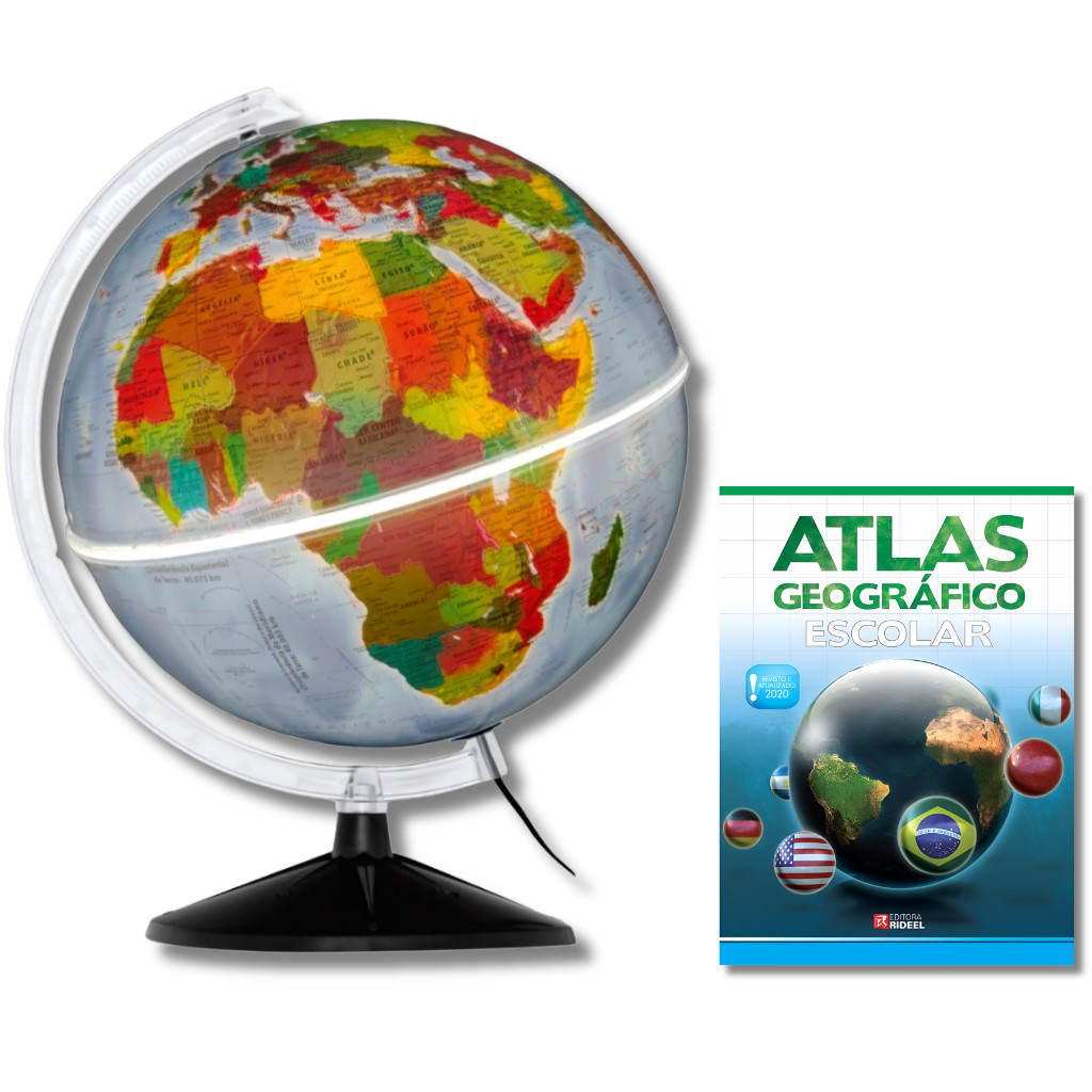 Globo Terrestre Físico Político Com Luz LED 30cm + Atlas Geográfico