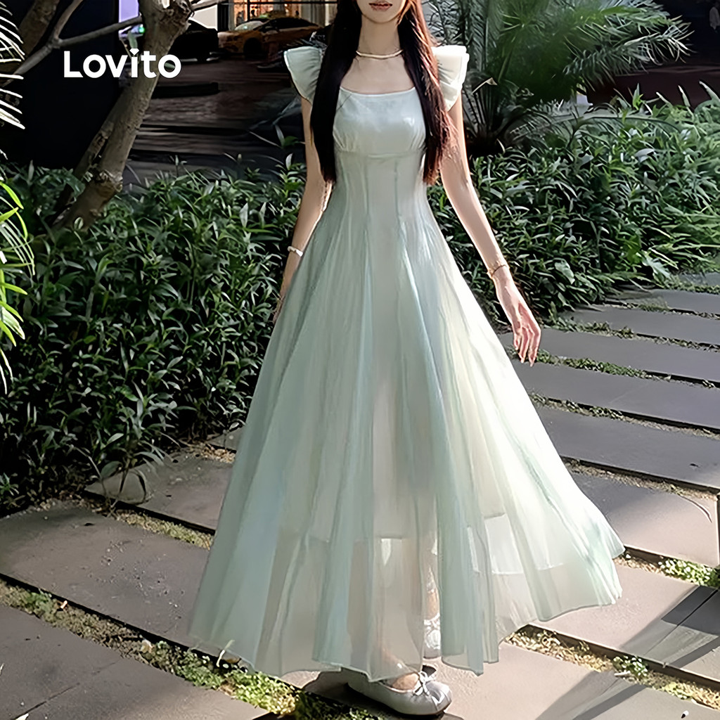 Detalhes do Lovito Vestido Sofisticado com Babado Toque Delicado Verde Claro para Primavera/verão para Mulheres LNL109268
