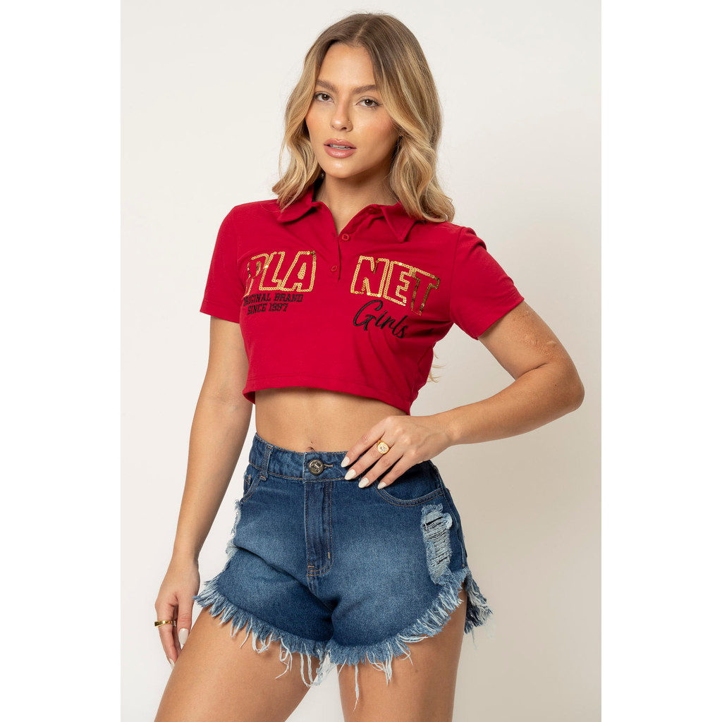 Polo Cropped Feminina em Paetê Planet Girls Vermelho Médio - Women Clothes