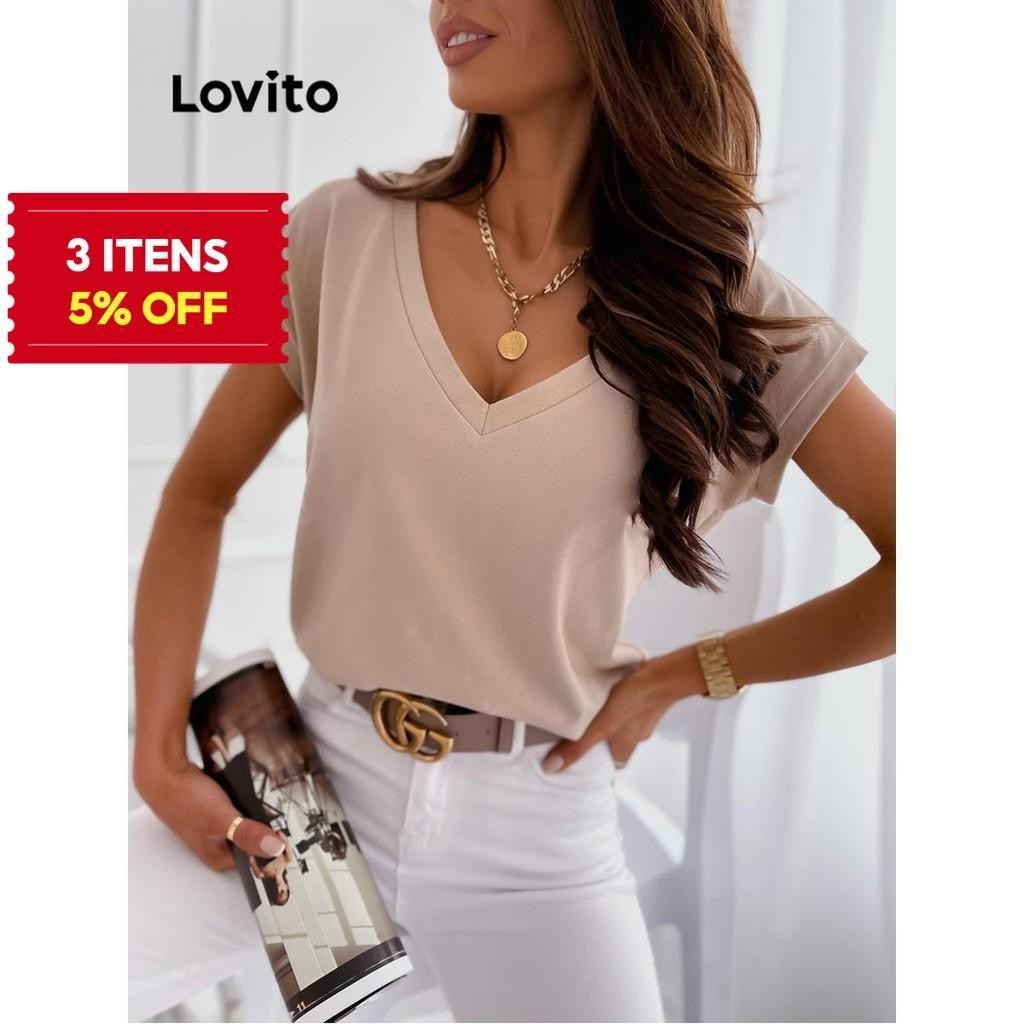 (Trendy) Lovito Camiseta Elegante Lisa Com Decote Em V Para Mulheres LNL45109 (Multicolorido) em Oferta na Shopee
