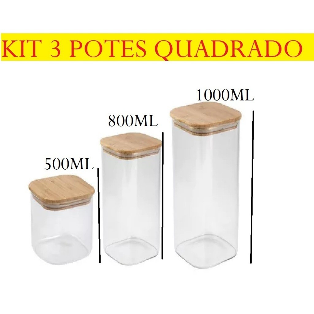 Kit 3 Potes Acrílico Com Tampa Quadrado Plástico 800ml 500ml 1000ml Super Vedação Transparente