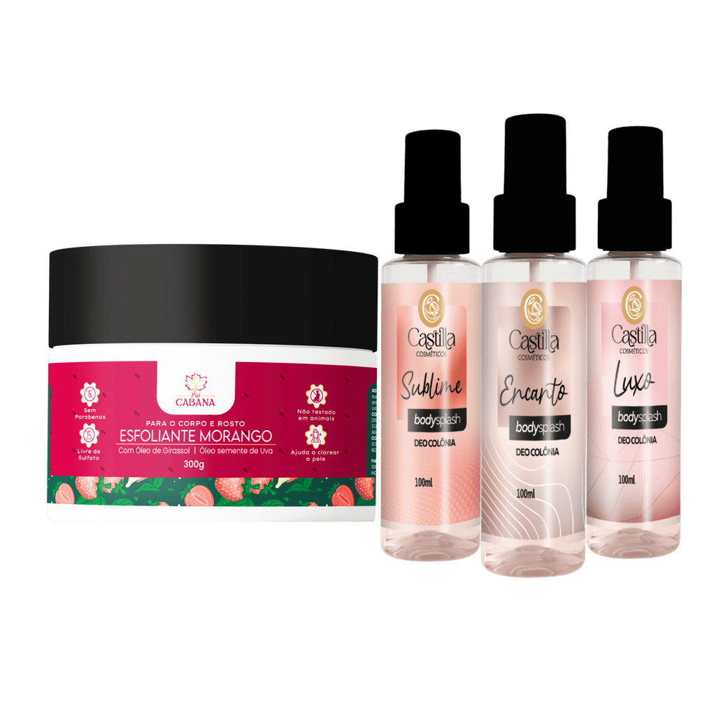 Kit Esfoliante Corporal Morango 300g Fio Cabana + Body Splash Castilla – Luxo, Sublime ou Encanto