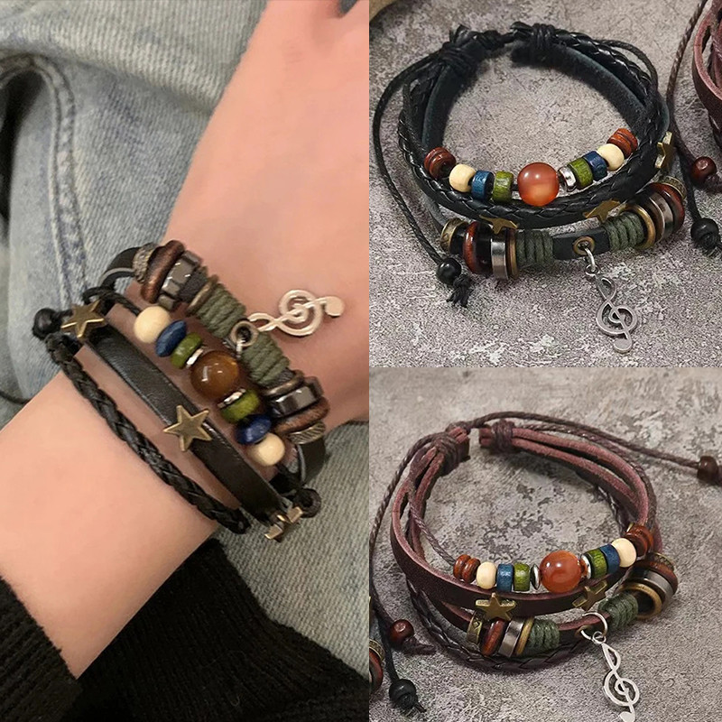 Pulseiras De Couro Marrom Feitas À Mão , Estrela De Metal , Nota Musical , Amuletos , Pulseira Ajustável Unissex em Oferta na Shopee