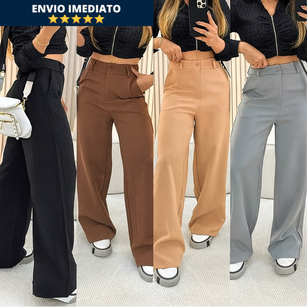 Calça Wide Leg Feminina Alfaiataria Premium Cintura Alta Com Bolso PROMOÇÃO Tendência Blogueira Pantalona