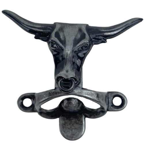 Abridor de Garrafas Touro Chifrudo em Metal Prata Velho Escovado 7,5x7,5cm Acessório Decoração Artesanato Ferragem