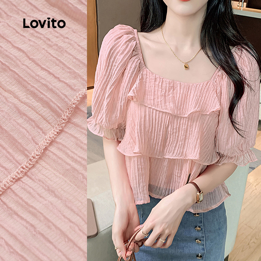Lovito Blusa Casual de Camadas com Jacquard e Babados Primavera/verão  Blusa Rosa para Mulheres L142ED090 em Oferta na Shopee