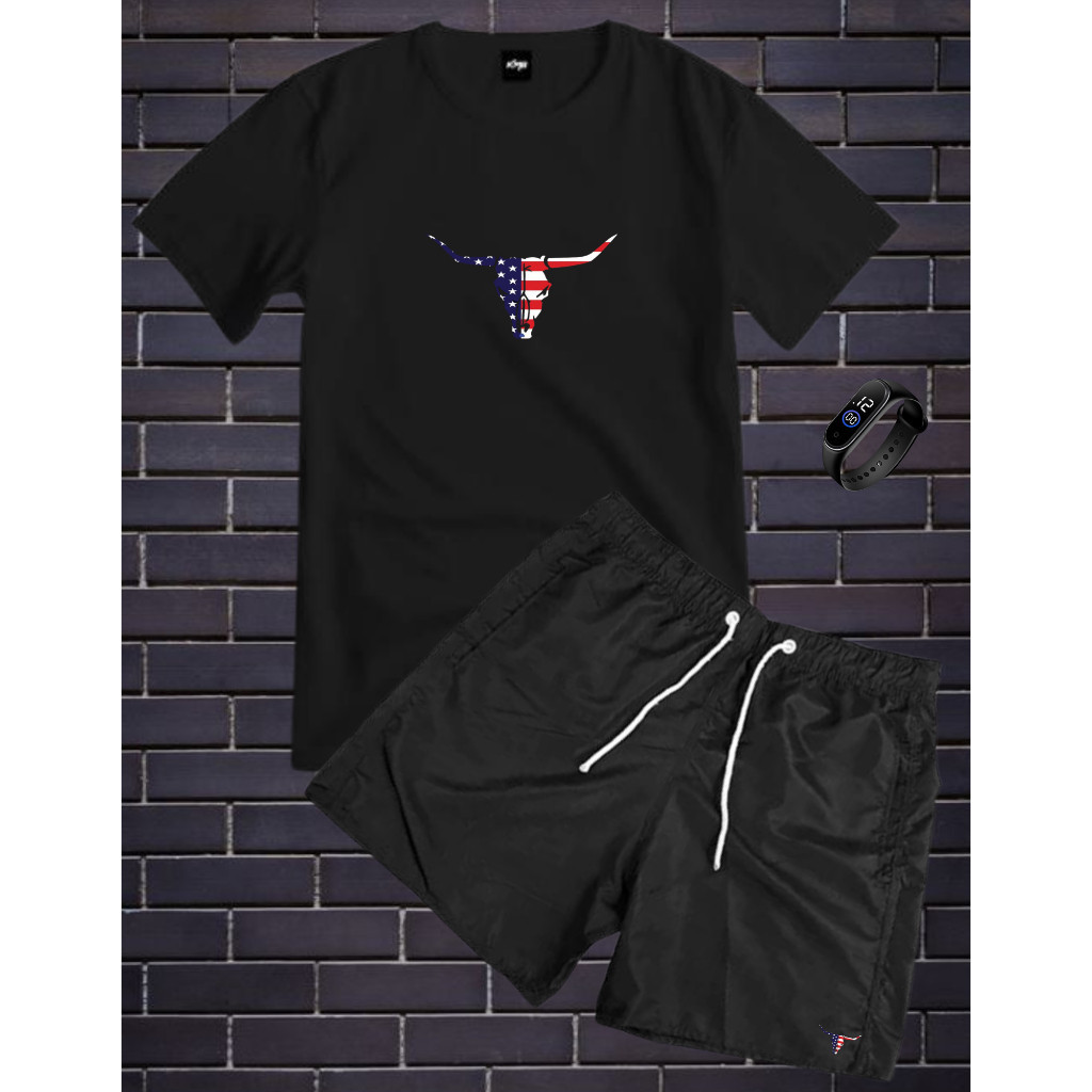 Conjunto Kit Masculino American Bull Camisa 100% Algodão + Bermuda Tactel Estampada + Relogio Digital a Prova D'agua