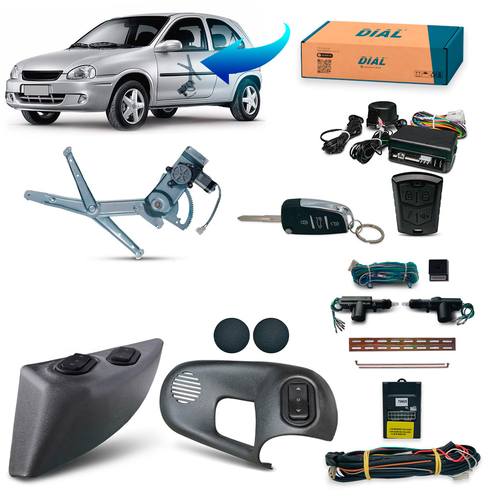 Kit Vidro Eletrico + Trava + Alarme Com Canivete Corsa 2 Portas Pickup Corsa (1994/2001) Com 3 botões Inteligente