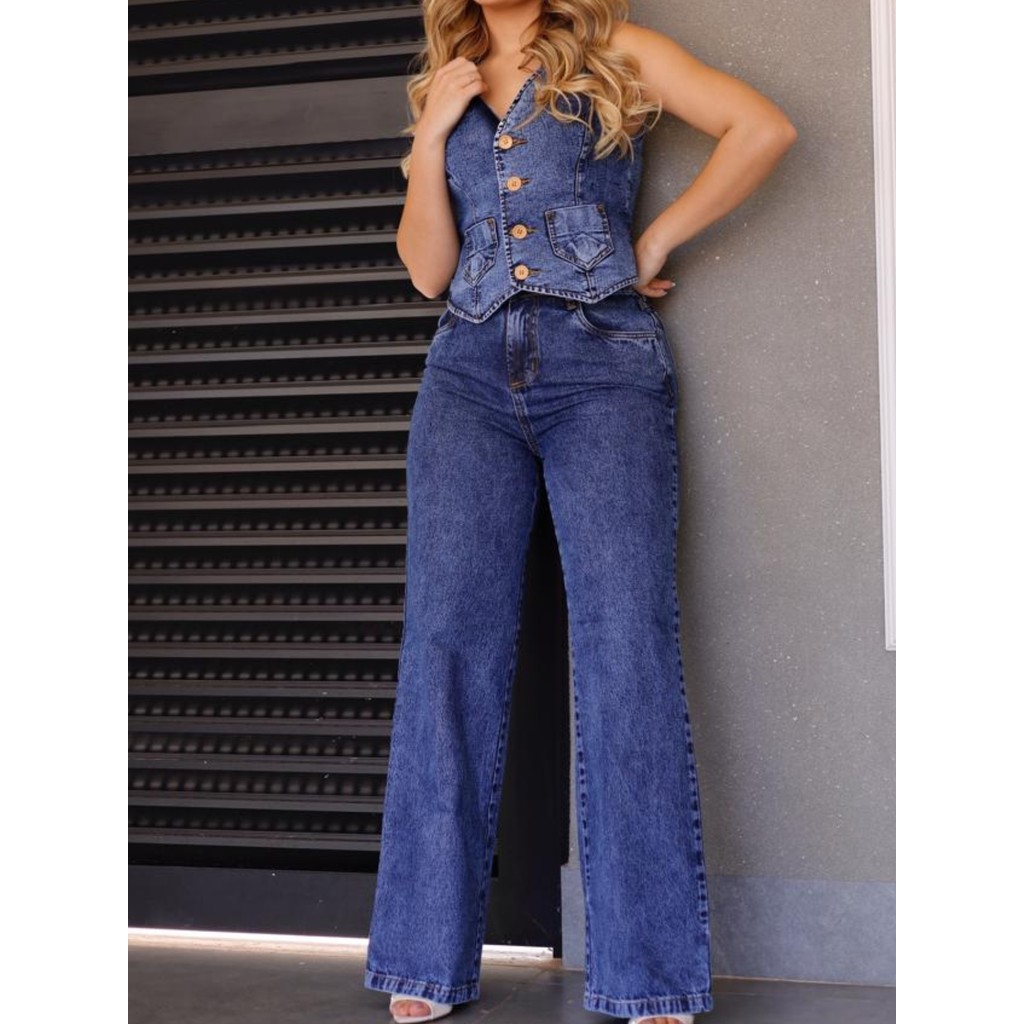 Conjunto Jeans Feminino Attitude Calça Wide Leg Colete em V