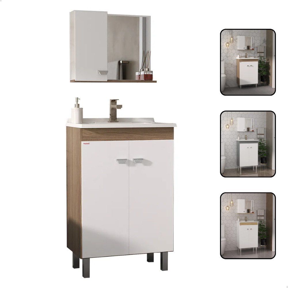 Conjunto Para Banheiro Balcão Armário Completo com Pia Kit Econômico Nogal Etna Carvalho Com Pés 60cm Fabribam em Oferta na Shopee