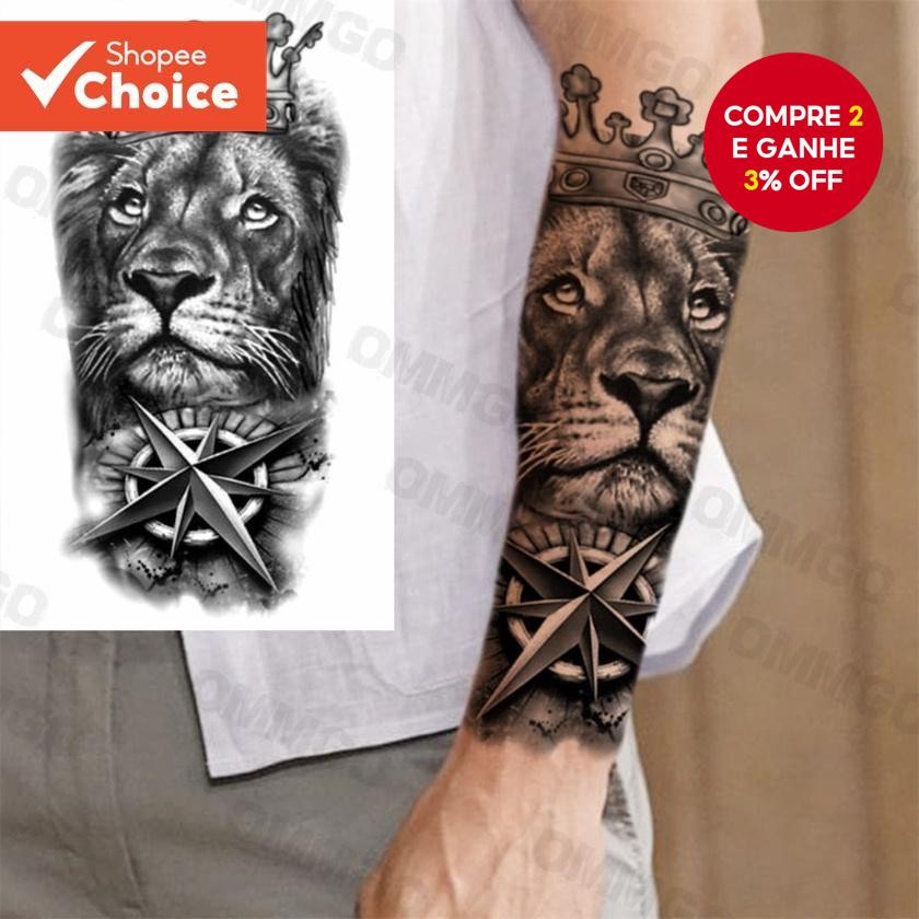 Tatuagem Temporária-Adesivo Coroa Bússola De Leão À Prova D'água , Arte Corporal Realista Para Mulheres E Homens 17*48