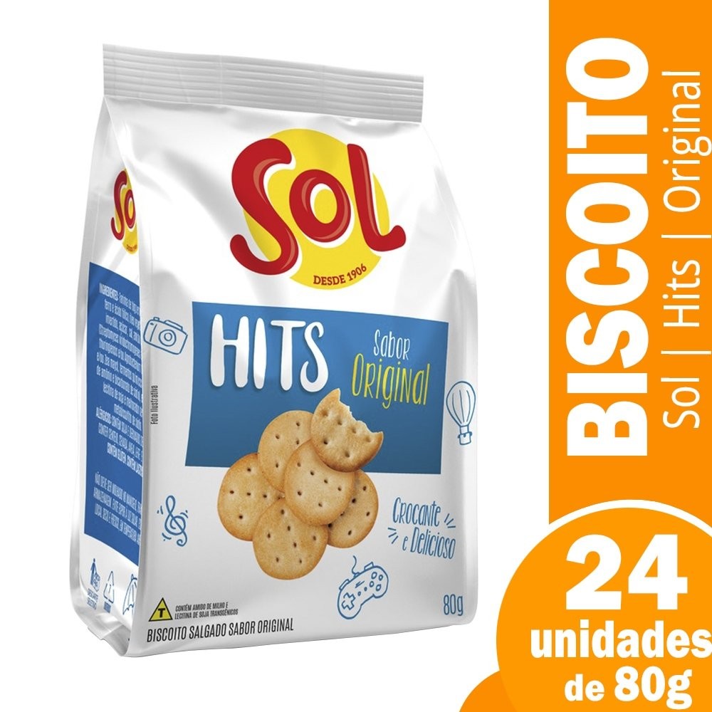 Biscoito Salgadinho Hits Sol 80g - Embalagem c/ 24 Unidades