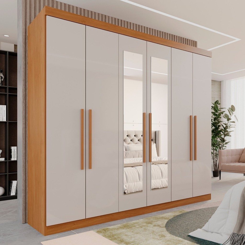Guarda-Roupa Casal Casal 6 Portas 3 Gavetas com Espelho Roma Espresso Móveis Cinamomo/Off White em Oferta na Shopee