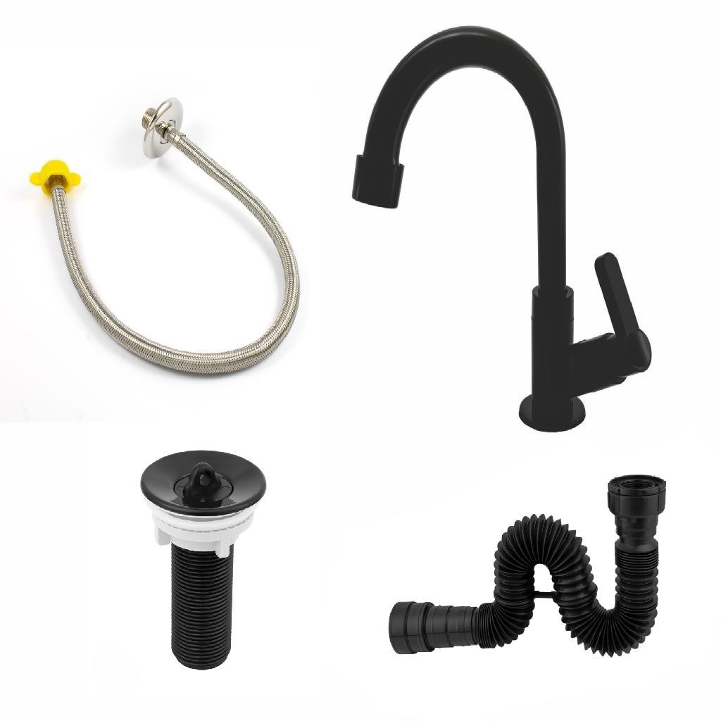 kit para cuba lavatório torneira pia banheiro preta abs+válvula 7/8+sifão+engate flex. trançado 40cm