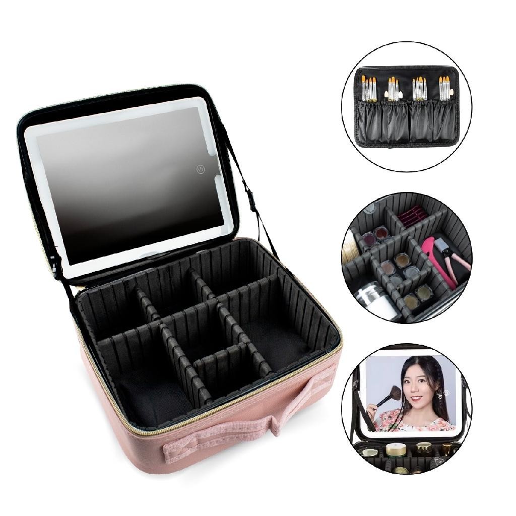 Maleta Bolsa Make Acessórios Espelho LED Porta Pincel Rosa Organizador de Maquiagem Viagem Acessório