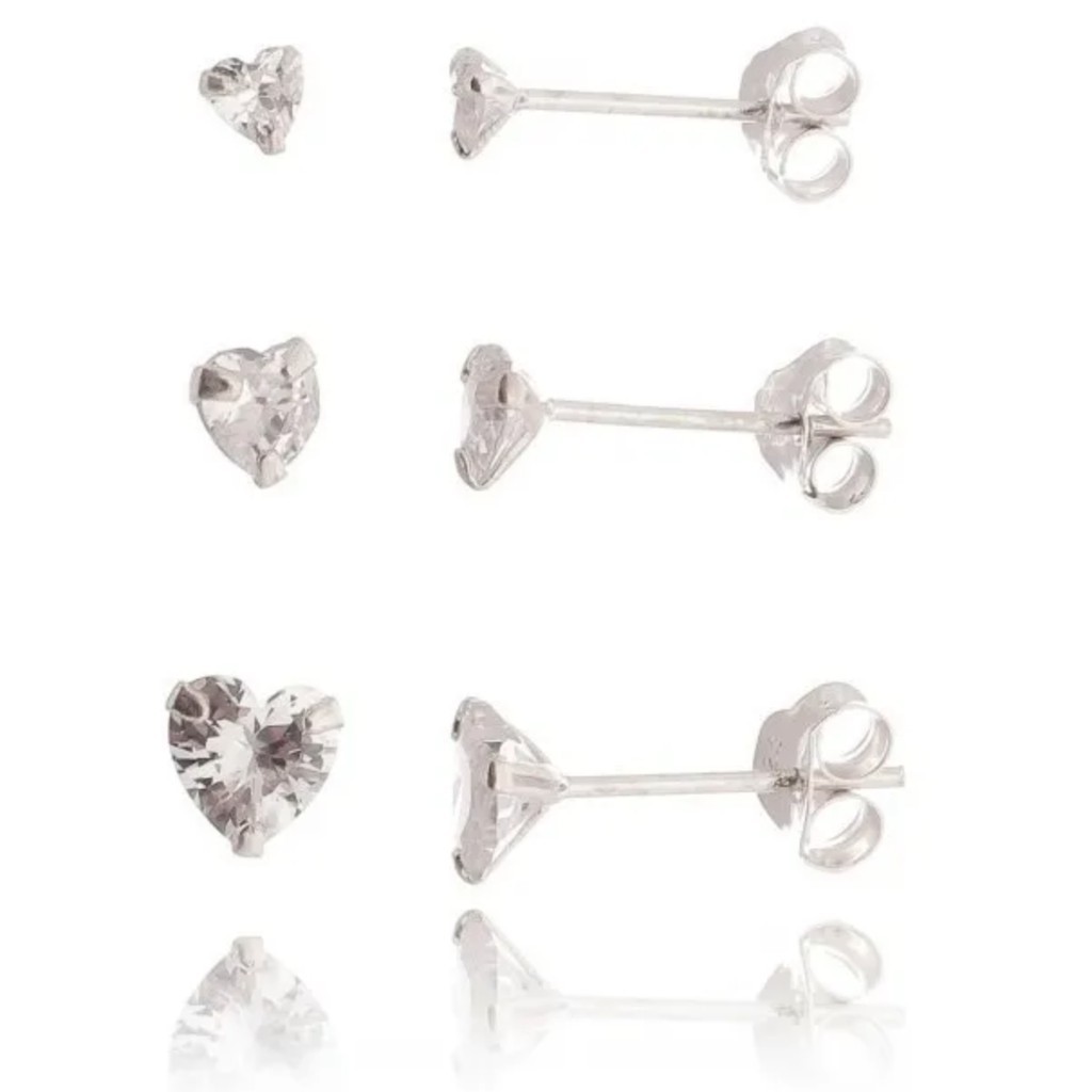 Detalhes do Brinco trio kit coração zirconia prata 925 4mm/5mm/6mm ponto de luz