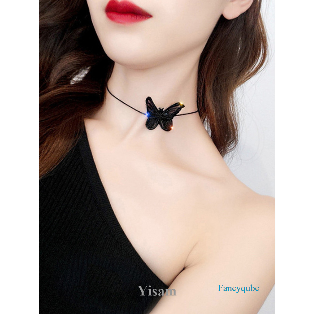 Yisam Retro Girl Heart Tulle Butterfly Choker Colar Curto