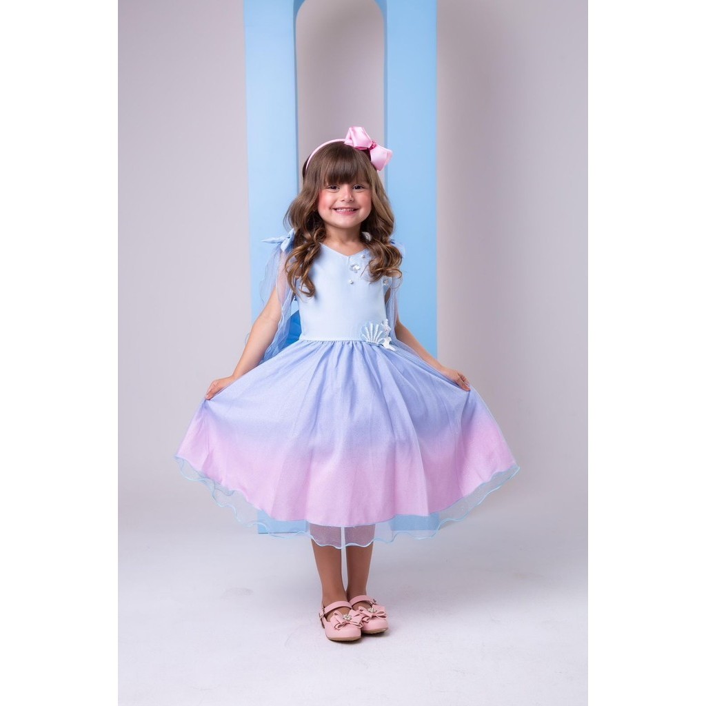 Vestido Princesa Belli Tematico Sereia Ariel Fundo do Mar Infantil Juvenil Festa Casual Menina Dia a Dia Feminino Verão Elegante Aniversário Confortável Delicado Fofo Rodado Moderno Princesa Luxo Sofisticado