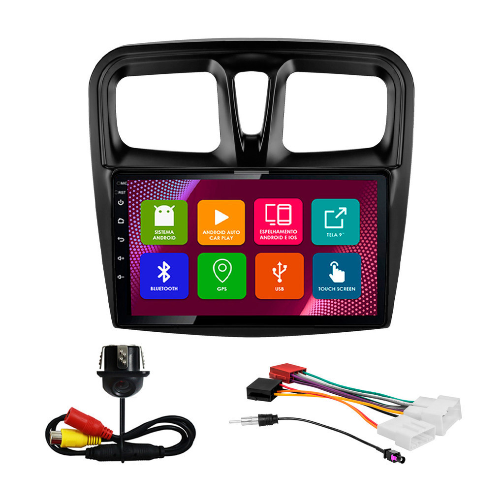 Kit Multimídia 10 Pol Sandero Logan 2015 2016 2017 2018 2019 2020 Android 2Gb Ram 32Gb Flash Quad-Core 2 Din Preto Wifi