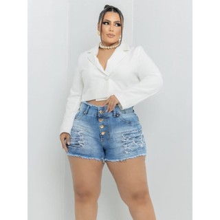 short jeans feminino plus size com Lycra detalher rasgadinho cintura alta