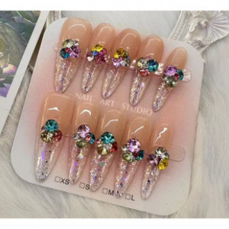 100% HANDMADE Artificial Nail Long Teardrop Forma Verão dopamina colorido Nails brilhante diamante Nails Phototpy Imprensa sobre Unhas Reutilizáveis e Removíveis com Toolkit