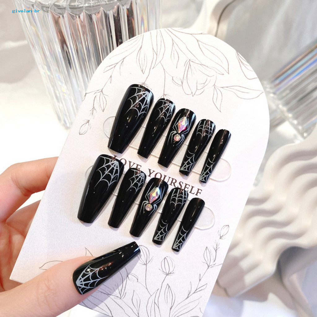 Long-lasting Fake Nails Halloween Acrylic Spooky Spider Web Set with Glue Black Long Nail Extension Kit for Women Girls Press for Home