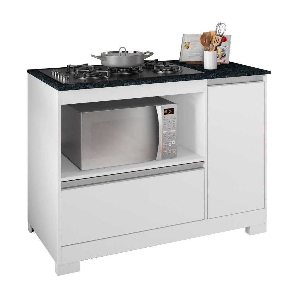 Balcão Gabinete Para Cooktop Com Tampo Nicho Microondas 1 Porta 1 Gaveta Cozinha Branco e Preto