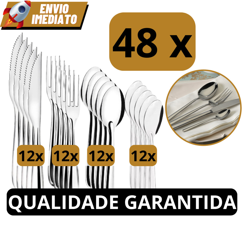 Jogo de Talheres 48 peças Aço Inox 12 Facas 12 Garfos de Mesa 12 Colheres e 12 Colheres de...