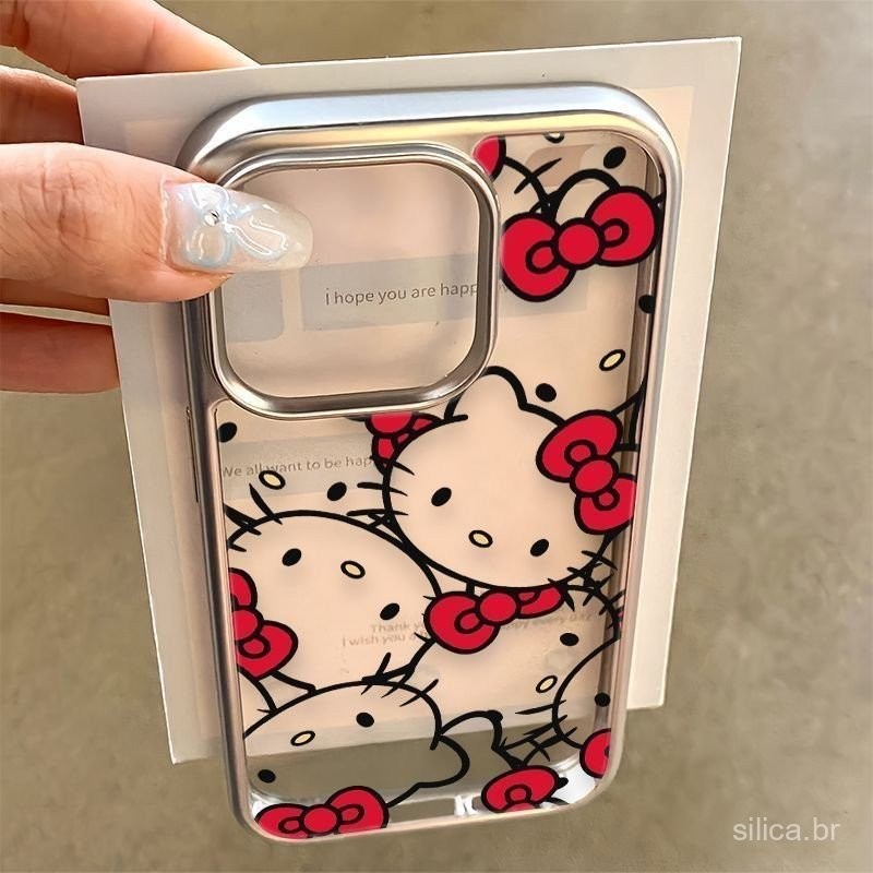 Capa de telefone transparente bonito com laço de tela cheia com padrão Hello Kitty para iPhone xr x xs 11promax 11 12 13 pro max 14promax 15promax 14 15 plus 8plus Capa de telefone metálico em Oferta na Shopee