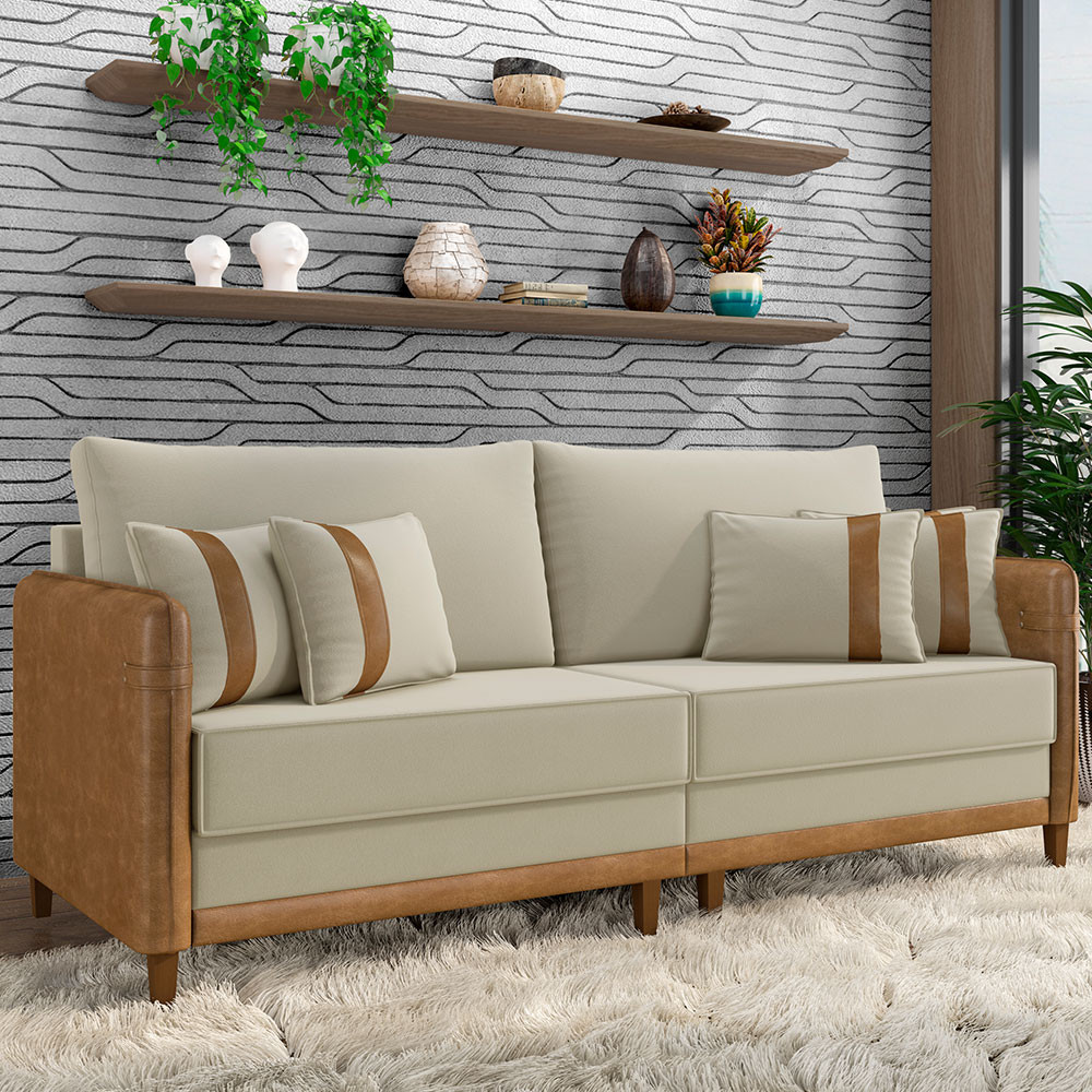 Sofá 3 Lugares Sala de Estar Living 232cm Asbury K01 Veludo Bege Couríssimo Camel - Lyam Decor em Oferta na Shopee